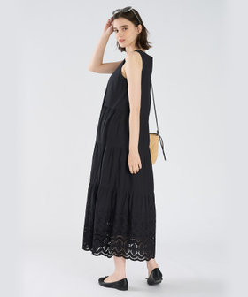 To b. by agnès b. シフリーレース コットン ノースリーブ ロング ワンピース ブラック