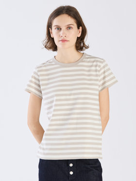 FEMME ウィメンズ 【Outlet】細ボーダー コットン 半袖Tシャツ "Brando" ライトグレー×オフホワイト
