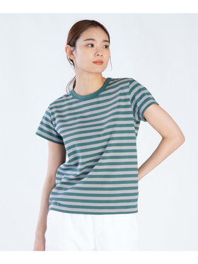 FEMME ウィメンズ 細ボーダー コットン 半袖Tシャツ ”Brando” グリーン×スモーキーブルー