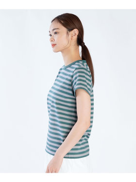 FEMME ウィメンズ 細ボーダー コットン 半袖Tシャツ ”Brando” グリーン×スモーキーブルー