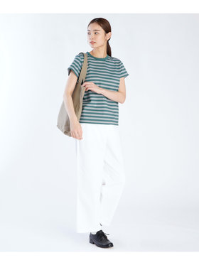 FEMME ウィメンズ 細ボーダー コットン 半袖Tシャツ ”Brando” グリーン×スモーキーブルー