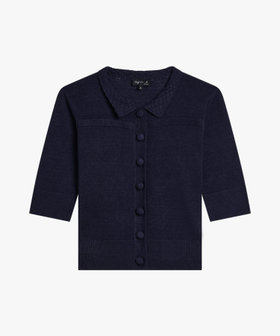 FEMME ウィメンズ クロシェ編み シルク リネン 半袖 ニット カーディガン "Col" ブルー系その他