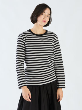 FEMME ウィメンズ 細ボーダー コットン 長袖 Tシャツ "Cool" エクリュ×ブラック