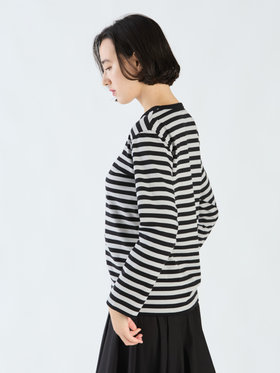 FEMME ウィメンズ 細ボーダー コットン 長袖 Tシャツ "Cool" エクリュ×ブラック