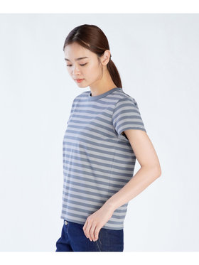 FEMME ウィメンズ 細ボーダー コットン 半袖Tシャツ ”Brando” ブルーグレー×ライトグレー