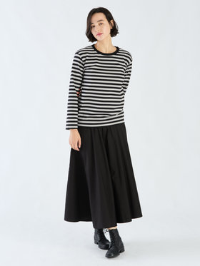 FEMME ウィメンズ 細ボーダー コットン 長袖 Tシャツ "Cool" エクリュ×ブラック