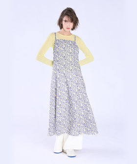 To b. by agnès b. ボタニカル プリント コットン ノースリーブ ロング ワンピース イエロー