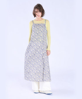 To b. by agnès b. ボタニカル プリント コットン ノースリーブ ロング ワンピース イエロー