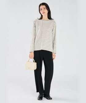 FEMME ウィメンズ 【by R 限定品】agnes b. 細ボーダーxストライプ コットン 長袖 Tシャツ "Haru" ライトグレー × ホワイト