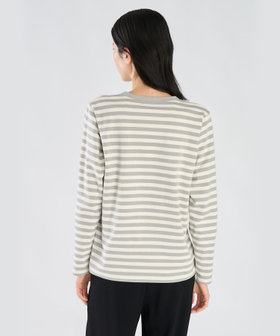 FEMME ウィメンズ 【by R 限定品】agnes b. 細ボーダーxストライプ コットン 長袖 Tシャツ "Haru" ライトグレー × ホワイト