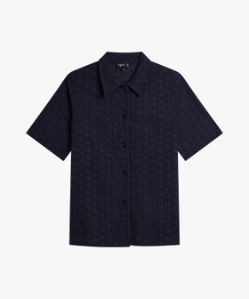 FEMME ウィメンズ プリント コットン 半袖 ブラウス ネイビー