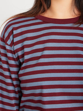 FEMME ウィメンズ 細ボーダー コットン 長袖 Tシャツ "Cool" ボルドー×ブルーグレー