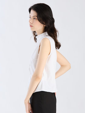 FEMME ウィメンズ コットン オフィサーカラー ノースリーブ ブラウス ホワイト