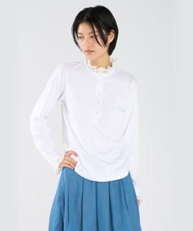 FEMME ウィメンズ レース コットン ヘンリーネック トップス "Harpiste" ホワイト