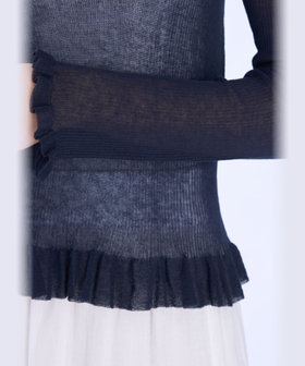 To b. by agnès b. シアー リブ フリル 長袖 ニット プルオーバー ネイビー