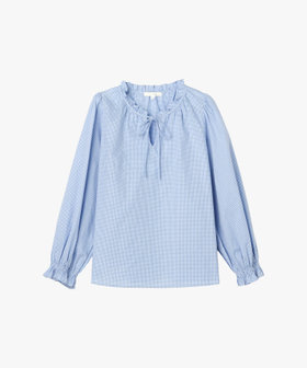 To b. by agnès b. ギンガムチェック コットン フリル 長袖 ブラウス ブルー