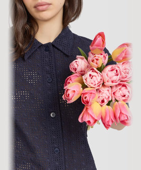 FEMME ウィメンズ プリント コットン 半袖 ブラウス ネイビー