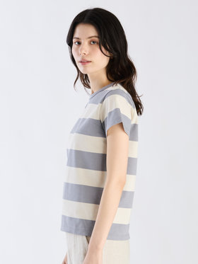 FEMME ウィメンズ 太ボーダー コットン 半袖Tシャツ "Brando" グレーブルー×オフホワイト