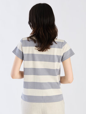 FEMME ウィメンズ 太ボーダー コットン 半袖Tシャツ "Brando" グレーブルー×オフホワイト