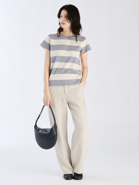 FEMME ウィメンズ 太ボーダー コットン 半袖Tシャツ "Brando" グレーブルー×オフホワイト