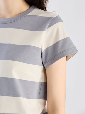 FEMME ウィメンズ 太ボーダー コットン 半袖Tシャツ "Brando" グレーブルー×オフホワイト