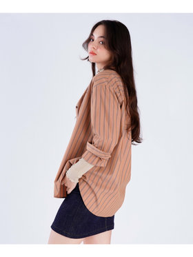 To b. by agnès b. 【Outlet】ストライプ コットン ロングスリーブ シャツ ブラウン