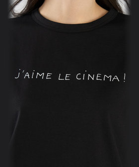 FEMME ウィメンズ メッセージ プリント コットン 半袖 Tシャツ "J'aime le cinema!" ブラック