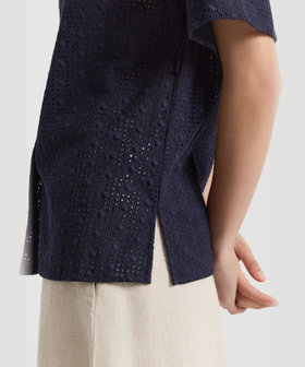 FEMME ウィメンズ プリント コットン 半袖 ブラウス ネイビー