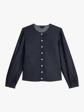 FEMME ウィメンズ デニム シャンブレー ボリュームスリーブ ブラウス "New Caraco" ネイビー