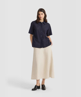 FEMME ウィメンズ プリント コットン 半袖 ブラウス ネイビー