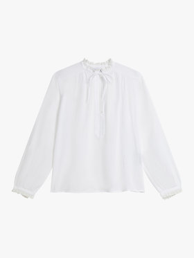 FEMME ウィメンズ ガーゼ調コットン リボン フリルネック 長袖 ブラウス "Tiziano" ホワイト