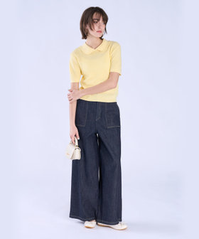 To b. by agnès b. コットン タック ステッチ 半袖 ニット プルオーバー イエロー