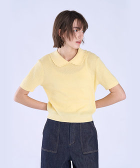 To b. by agnès b. コットン タック ステッチ 半袖 ニット プルオーバー イエロー