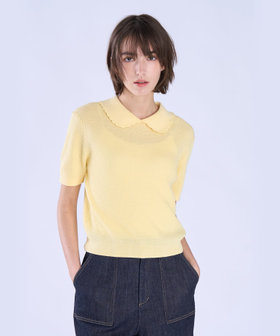 To b. by agnès b. コットン タック ステッチ 半袖 ニット プルオーバー イエロー