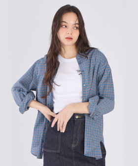 To b. by agnès b. ドビー ミニチェック コットン シャツ ネイビー