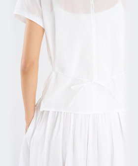 FEMME ウィメンズ 刺繍 コットン スタンドカラー 半袖 ブラウス ホワイト