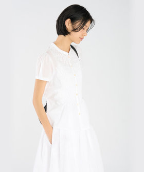 FEMME ウィメンズ 刺繍 コットン スタンドカラー 半袖 ブラウス ホワイト