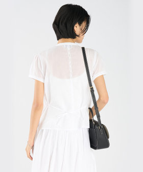 FEMME ウィメンズ 刺繍 コットン スタンドカラー 半袖 ブラウス ホワイト