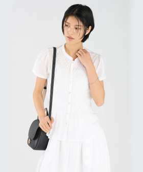 FEMME ウィメンズ 刺繍 コットン スタンドカラー 半袖 ブラウス ホワイト