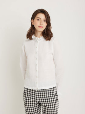 FEMME ウィメンズ フリル リネン 長袖 カーディガンブラウス ホワイト