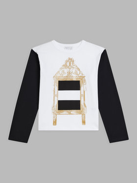 FEMME ウィメンズ プリント コットン 長袖 Tシャツ ”Miroir dor? rayures” ホワイト