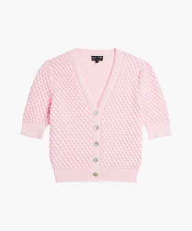 FEMME ウィメンズ コットン Vネック 半袖 ニット カーディガン ピンク