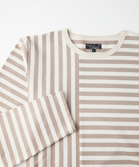 FEMME ウィメンズ 【by R 限定品】agnes b. 細ボーダーxストライプ コットン 長袖 Tシャツ "Haru" ベージュ×エクリュ