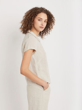 FEMME ウィメンズ リネン 丸襟 半袖 ブラウス "Adele" ベージュ