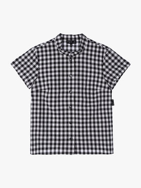 FEMME ウィメンズ ギンガムチェック コットン スタンドカラー 半袖 ブラウス ブラック