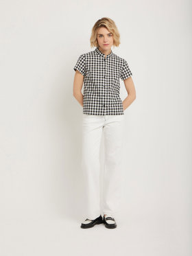 FEMME ウィメンズ ギンガムチェック コットン スタンドカラー 半袖 ブラウス ブラック