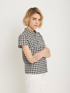 FEMME ウィメンズ ギンガムチェック コットン スタンドカラー 半袖 ブラウス ブラック