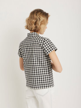 FEMME ウィメンズ ギンガムチェック コットン スタンドカラー 半袖 ブラウス ブラック