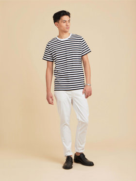 HOMME メンズ メンズ コットン 細ボーダー 半袖Tシャツ "Coulos" ホワイト×ブラック