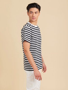 HOMME メンズ メンズ コットン 細ボーダー 半袖Tシャツ "Coulos" ホワイト×ブラック